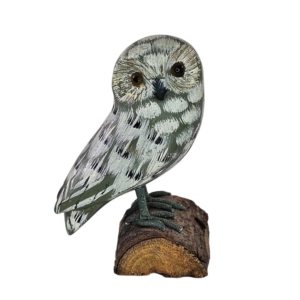 Wood Carved Snowy Owl Figurine By John Madison Hand Painted Folk Art